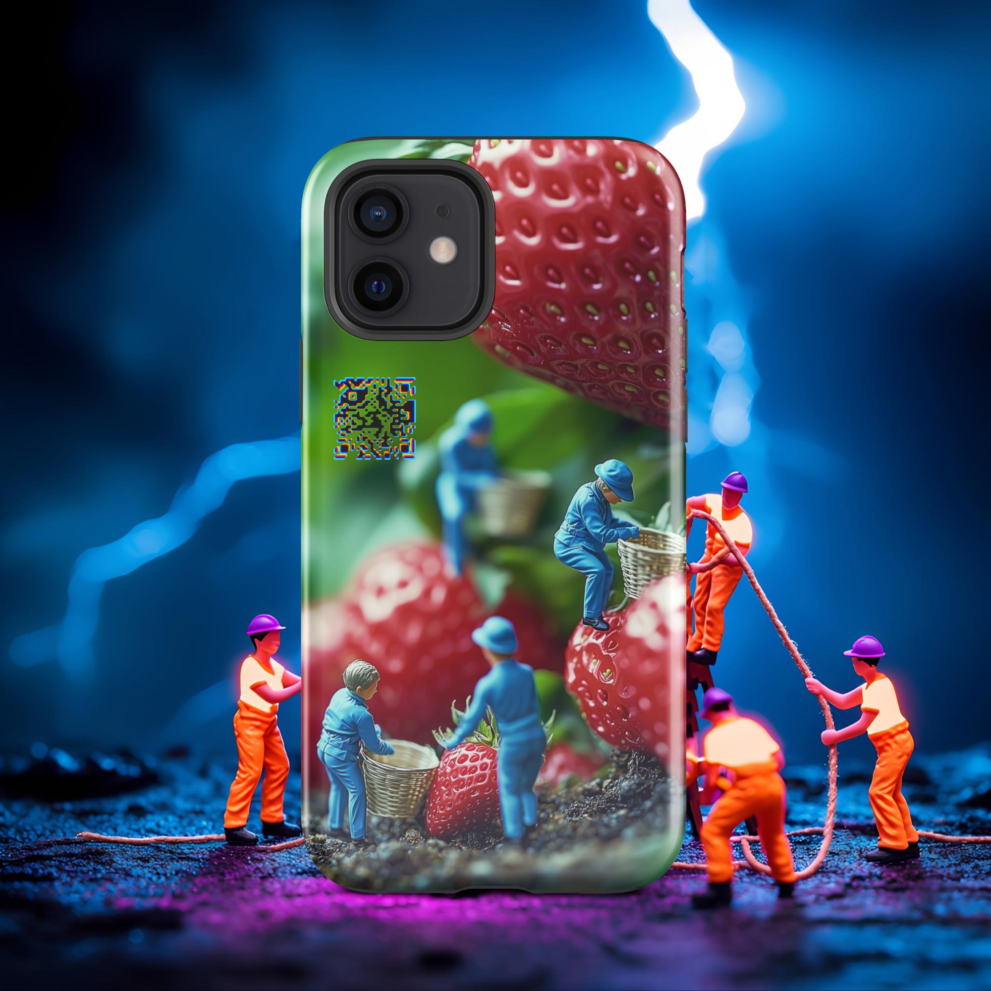 Tiny Workers™ – Giant Strawberry – Limited QR Music Case for iPhone® – Tough | Glossy – Phone Case | QR Music Drop by uBelong2.us | Variant: iPhone 12