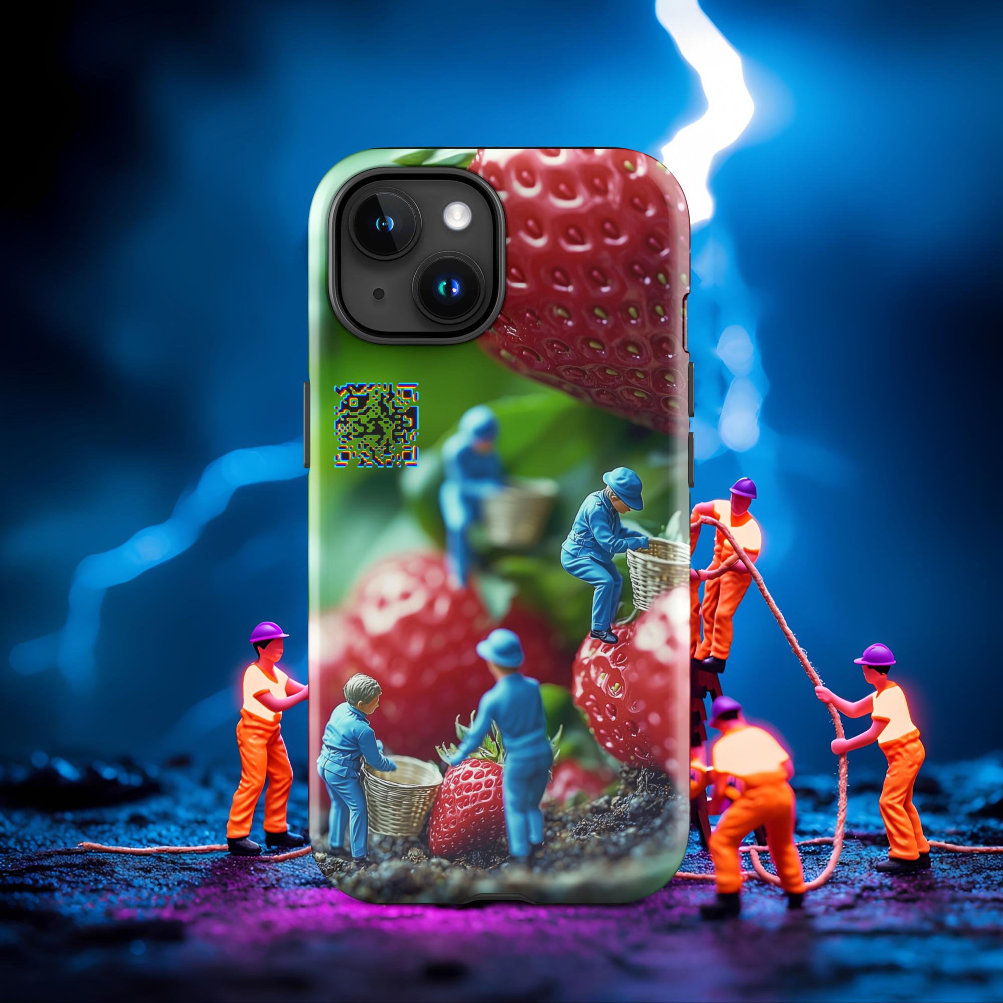 Tiny Workers™ – Giant Strawberry – Limited QR Music Case for iPhone® – Tough | Glossy – Phone Case | QR Music Drop by uBelong2.us | Variant: iPhone 15