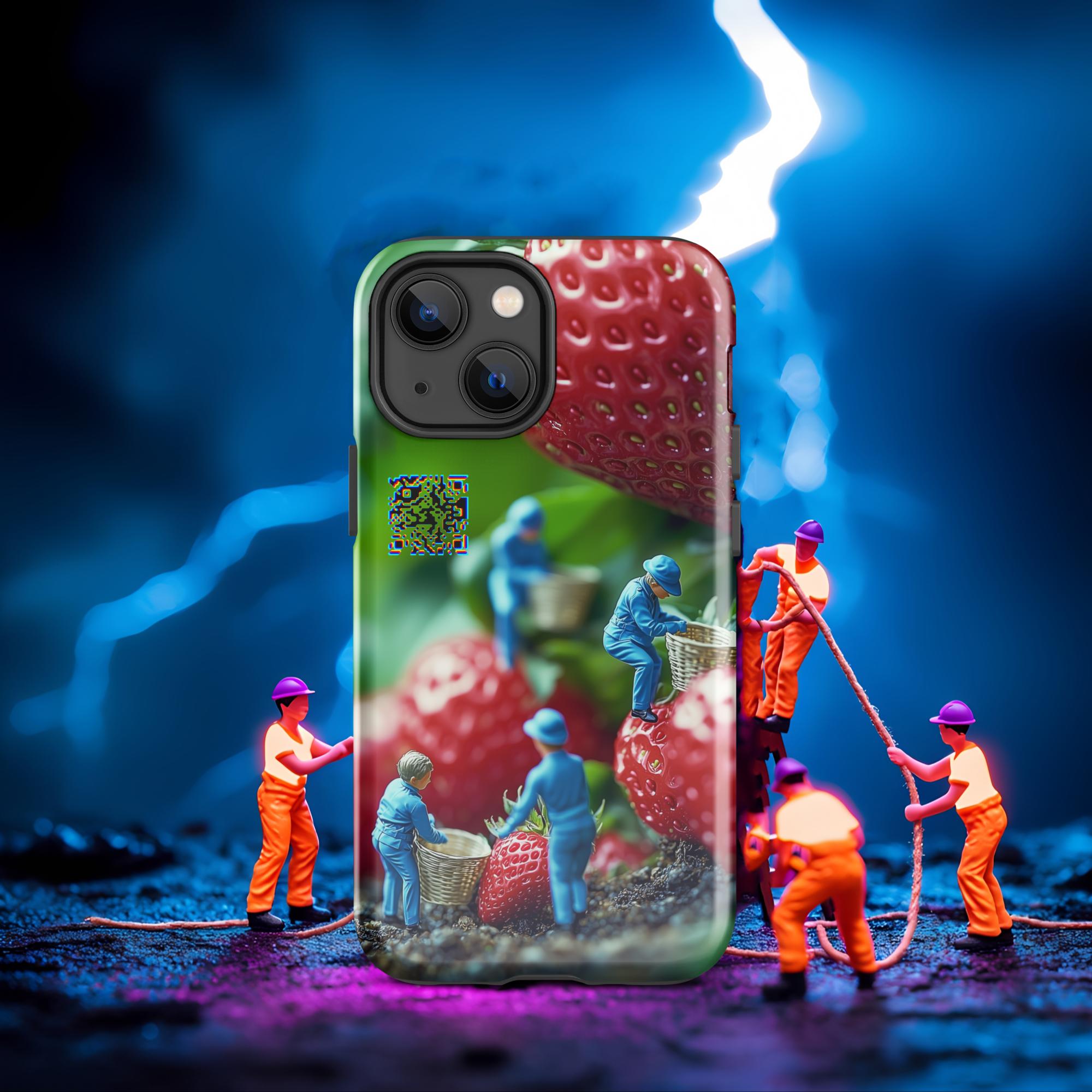 Tiny Workers™ – Giant Strawberry – Limited QR Music Case for iPhone® – Tough | Glossy – Phone Case | QR Music Drop by uBelong2.us | Variant: iPhone 13 mini