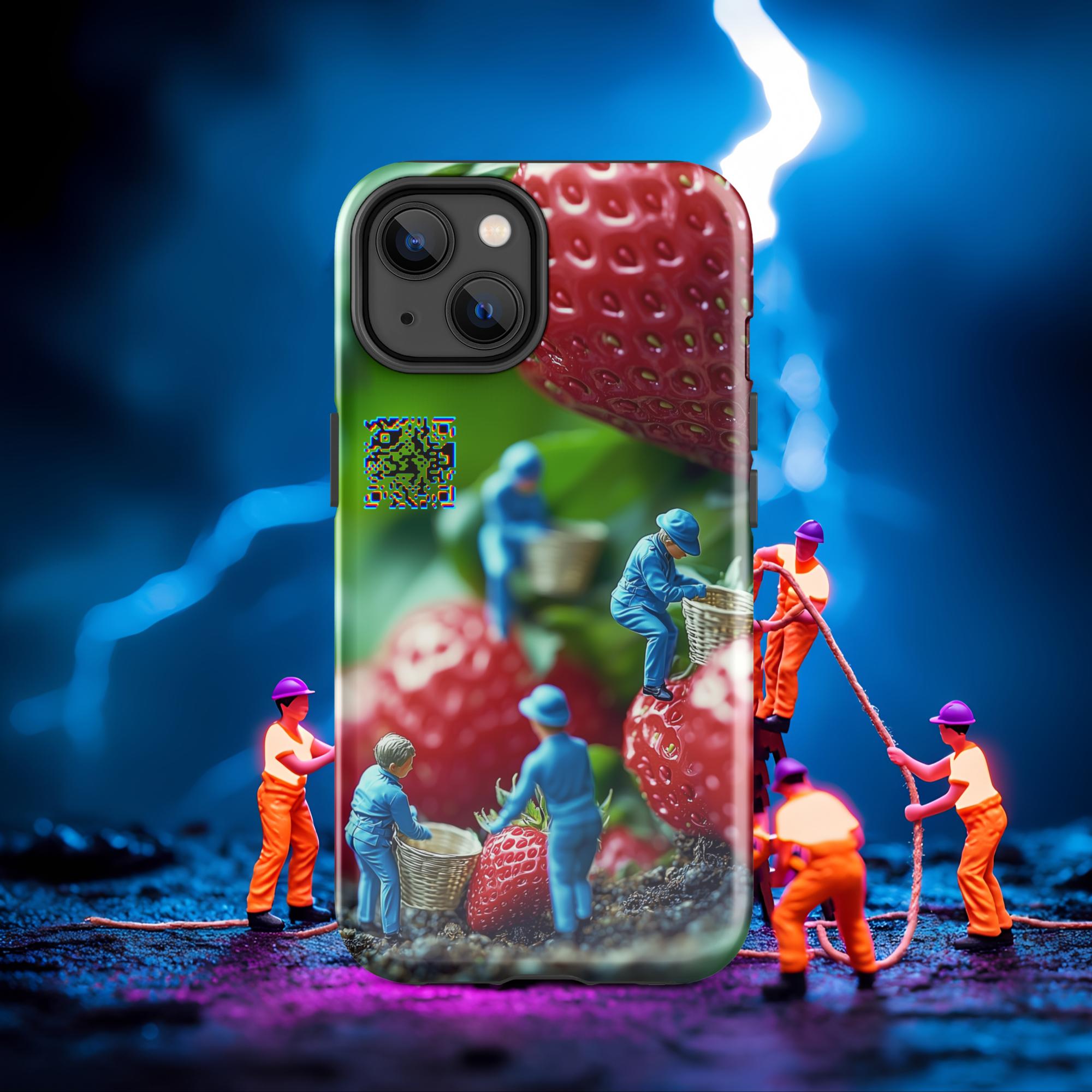 Tiny Workers™ – Giant Strawberry – Limited QR Music Case for iPhone® – Tough | Glossy – Phone Case | QR Music Drop by uBelong2.us | Variant: iPhone 14