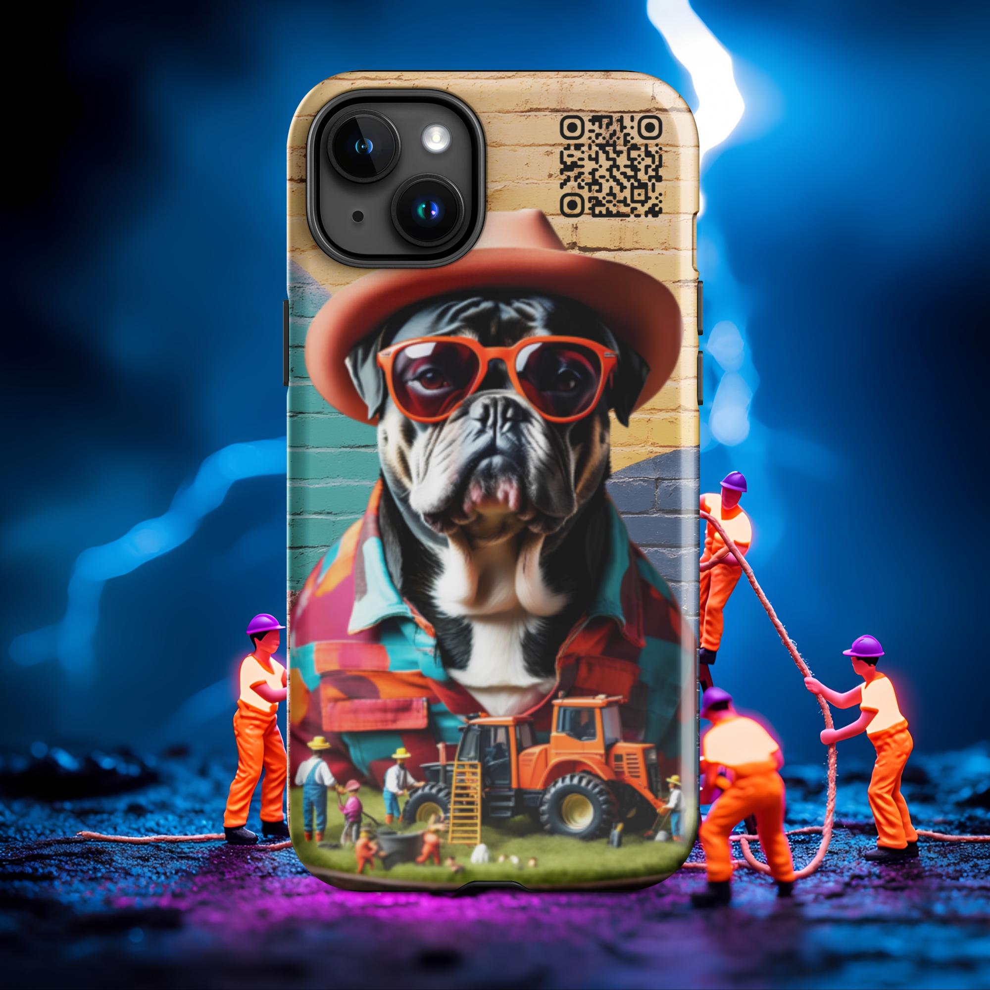 Tiny Workers™ – Mr Bull Dog – Limited QR Music Case for iPhone® - Tough | Glossy – Phone Case | QR Music Drop by uBelong2.us | Variant: iPhone 15 Plus
